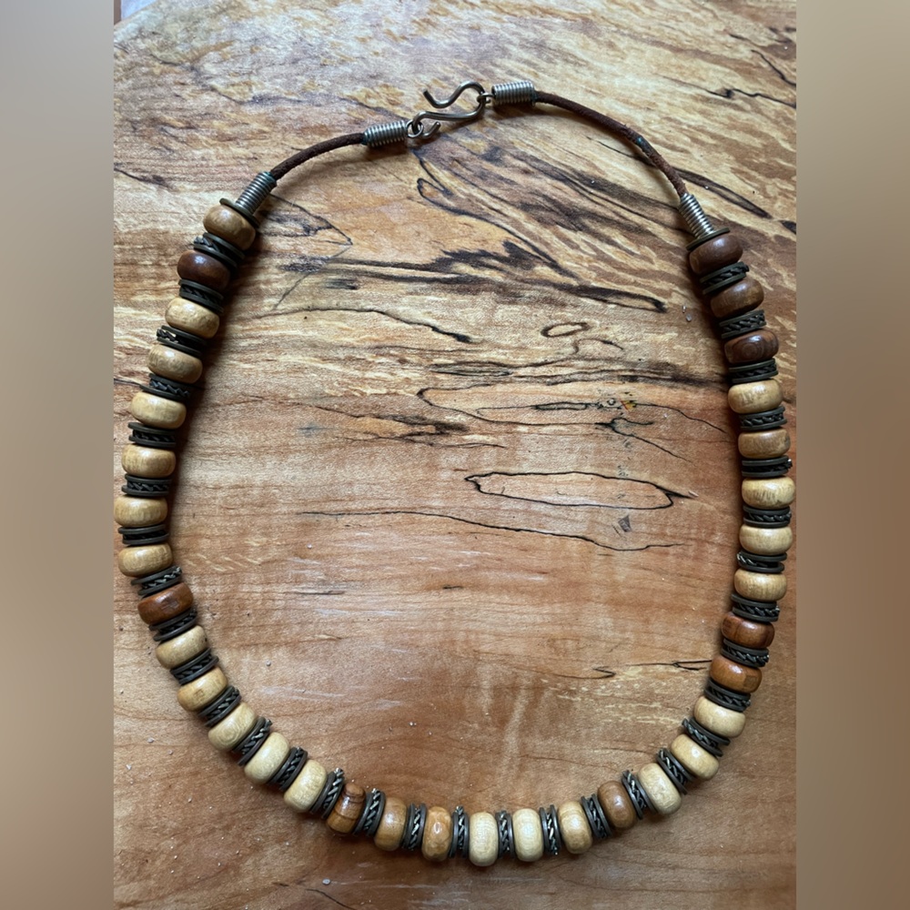 Wood & metal leather-strung necklace